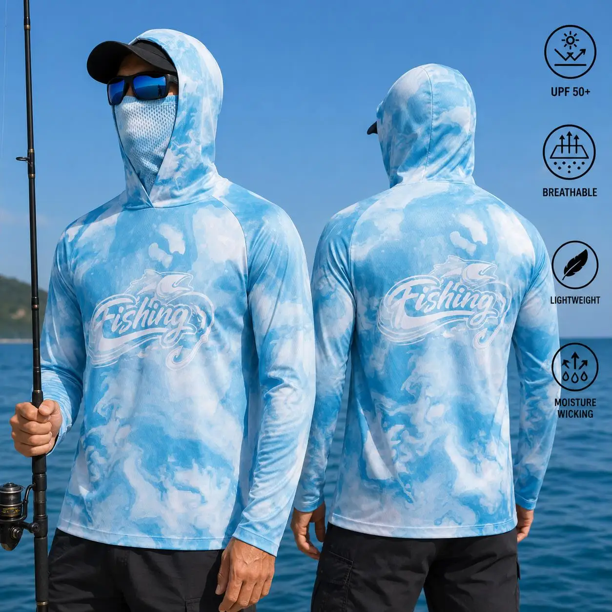 メンズ用、フード付き釣りシャツ、UPF50の紫外線カット、顔 - Fishing Shirt Uv Protection のレビューと価格