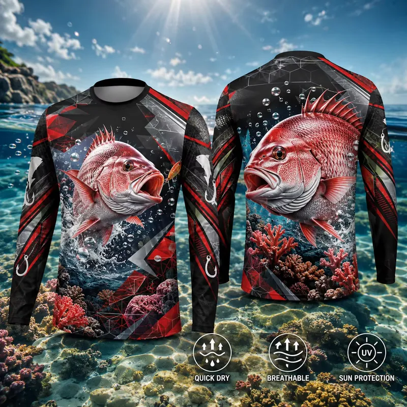 3Dプリントのカジュアルな長袖赤いスナッパー柄の釣り用シャツ - Fishing Shirt Uv Protection のレビューと価格