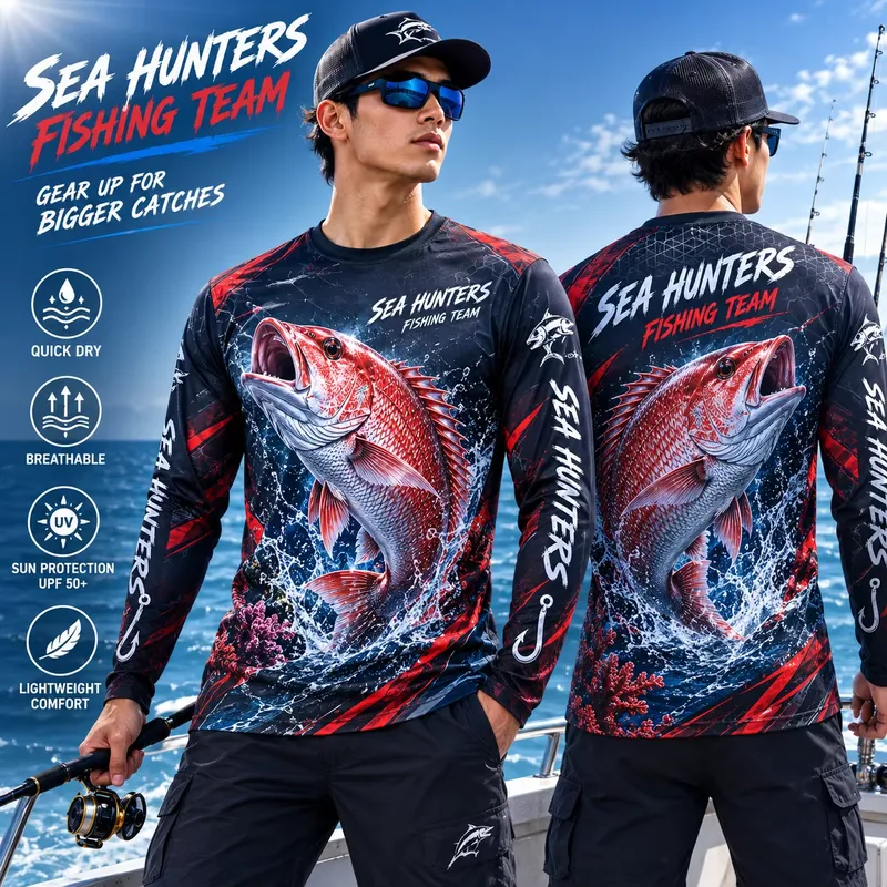 3Dプリントのカジュアルな長袖赤いスナッパー柄の釣り用シャツ - Fishing Shirt Uv Protection のレビューと価格