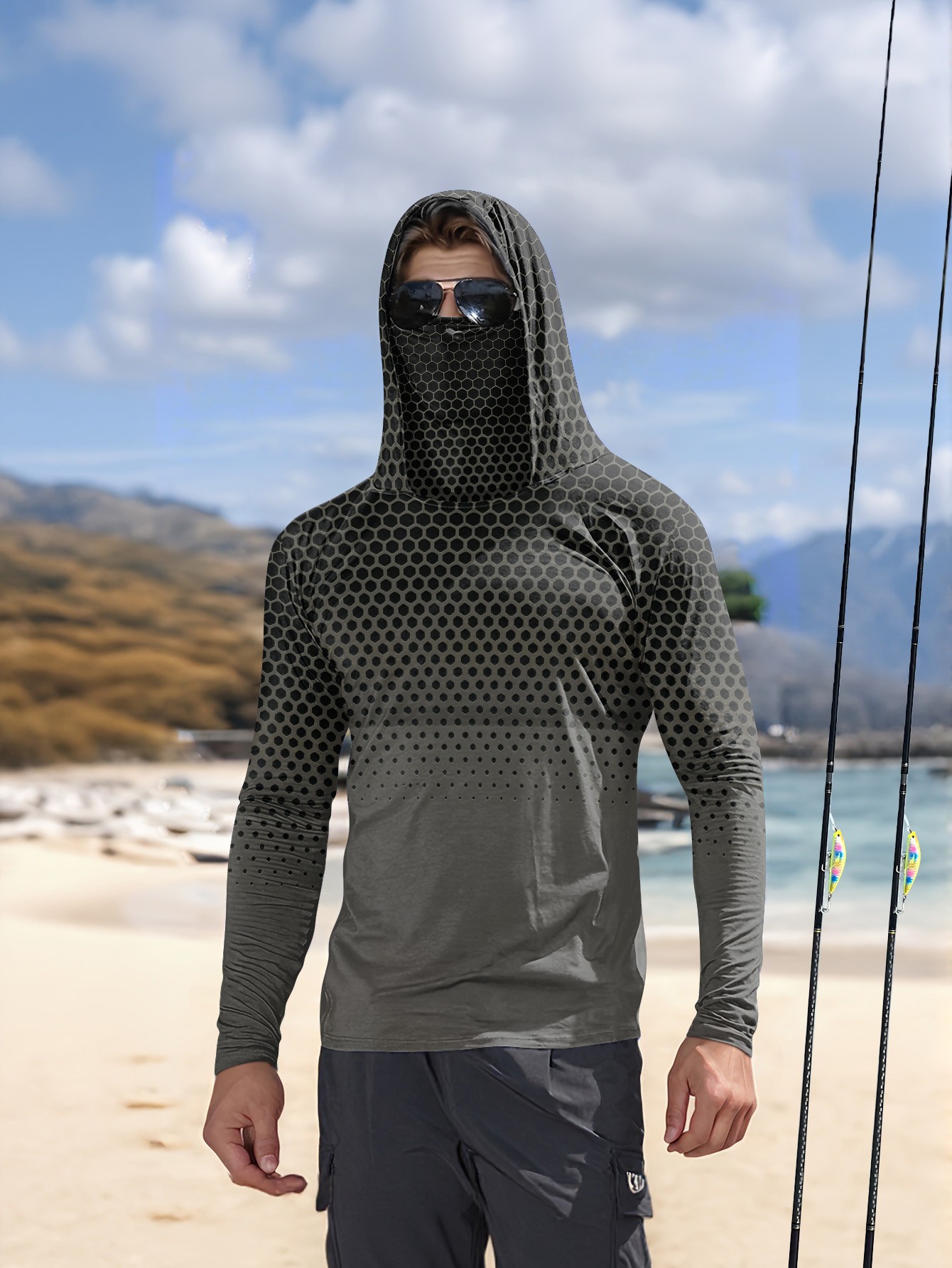 グレーグラデーションハニカムメンズフィッシングフード付きシャ - Fishing Shirt Uv Protection のレビューと価格