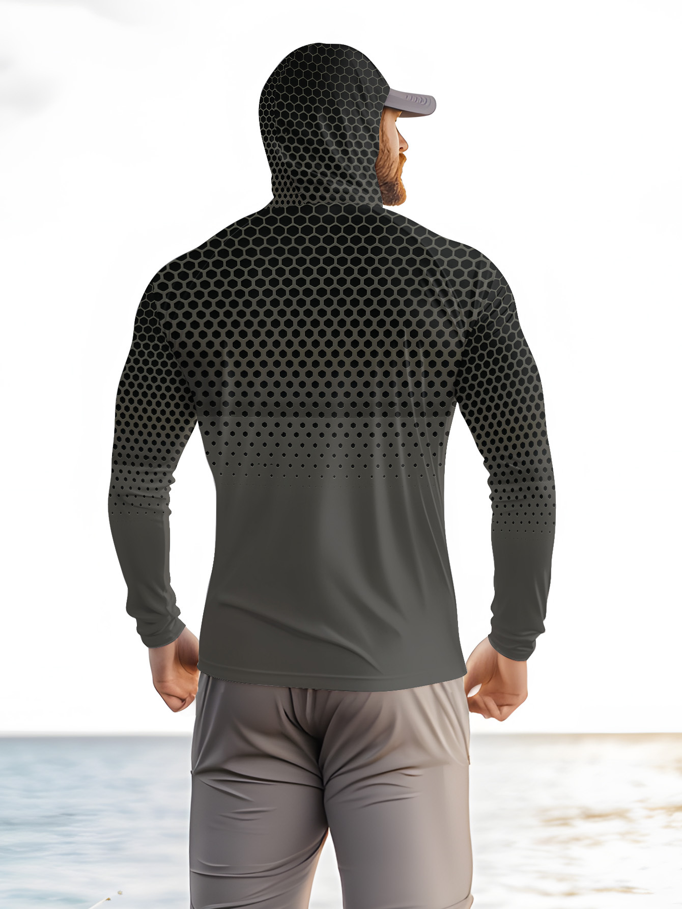 グレーグラデーションハニカムメンズフィッシングフード付きシャ - Fishing Shirt Uv Protection のレビューと価格